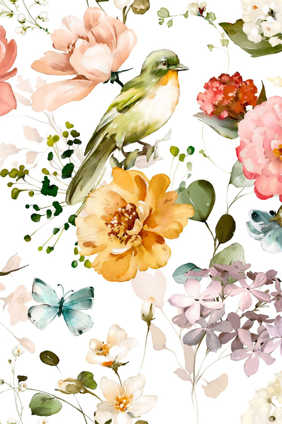 Vogeltje tussen lichte bloemen — volledig ontwerp