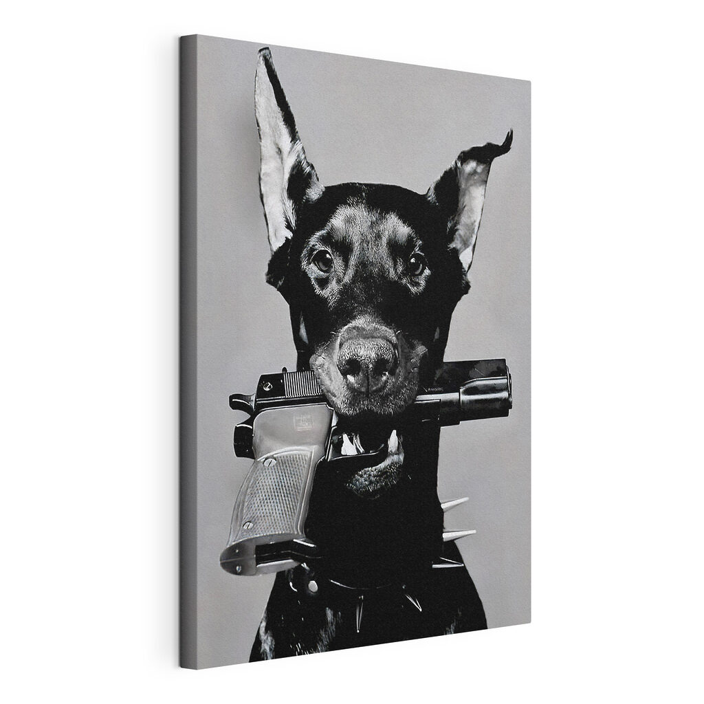 Hond met een pistool, gespannen canvas met doorlopende rand