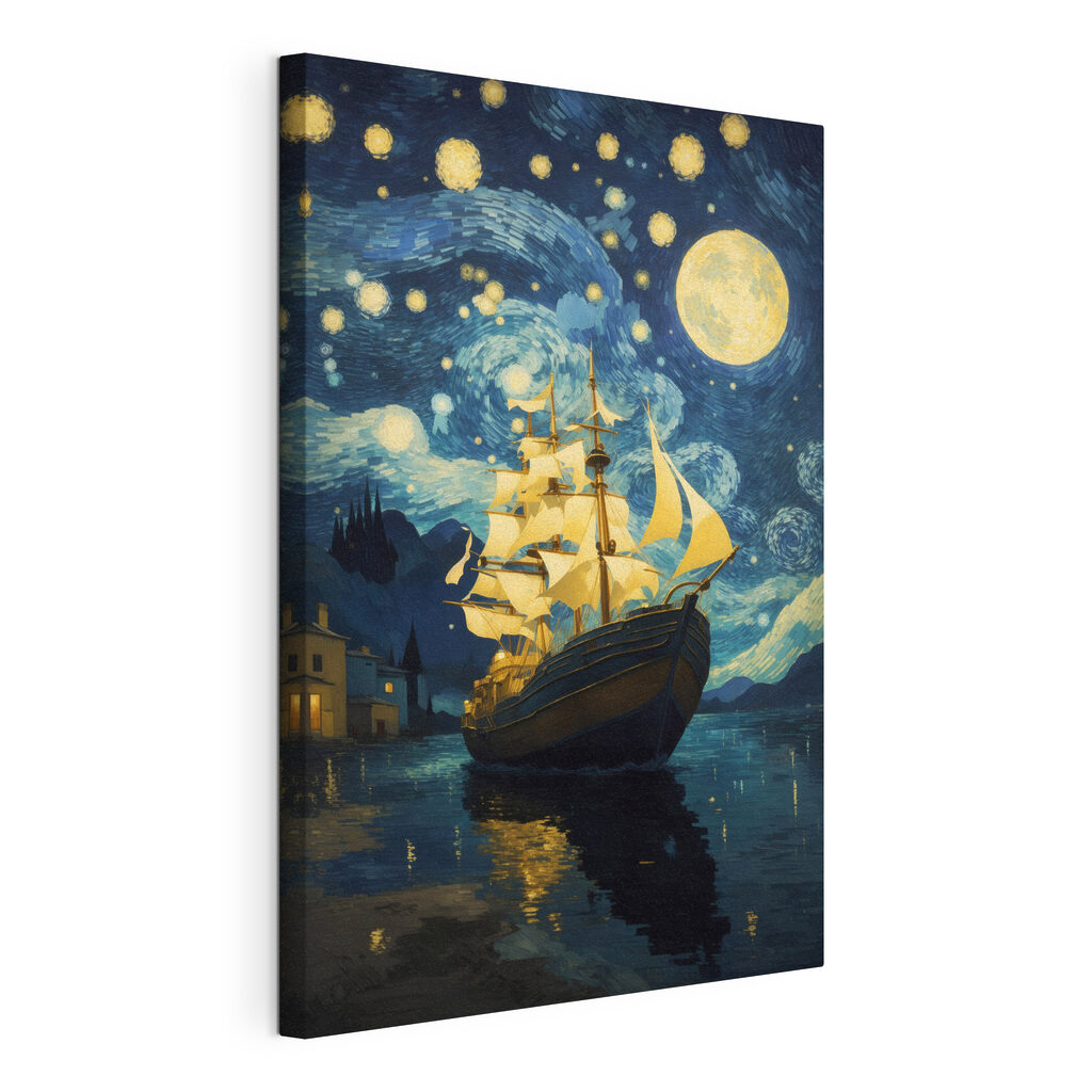 Een zeilschip vol maanlicht, gespannen canvas met doorlopende rand