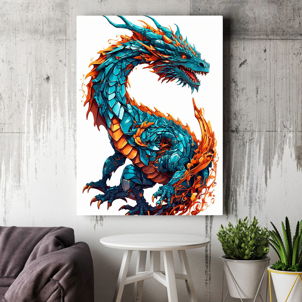 Draak in blauw-oranje schubben — interieur 1