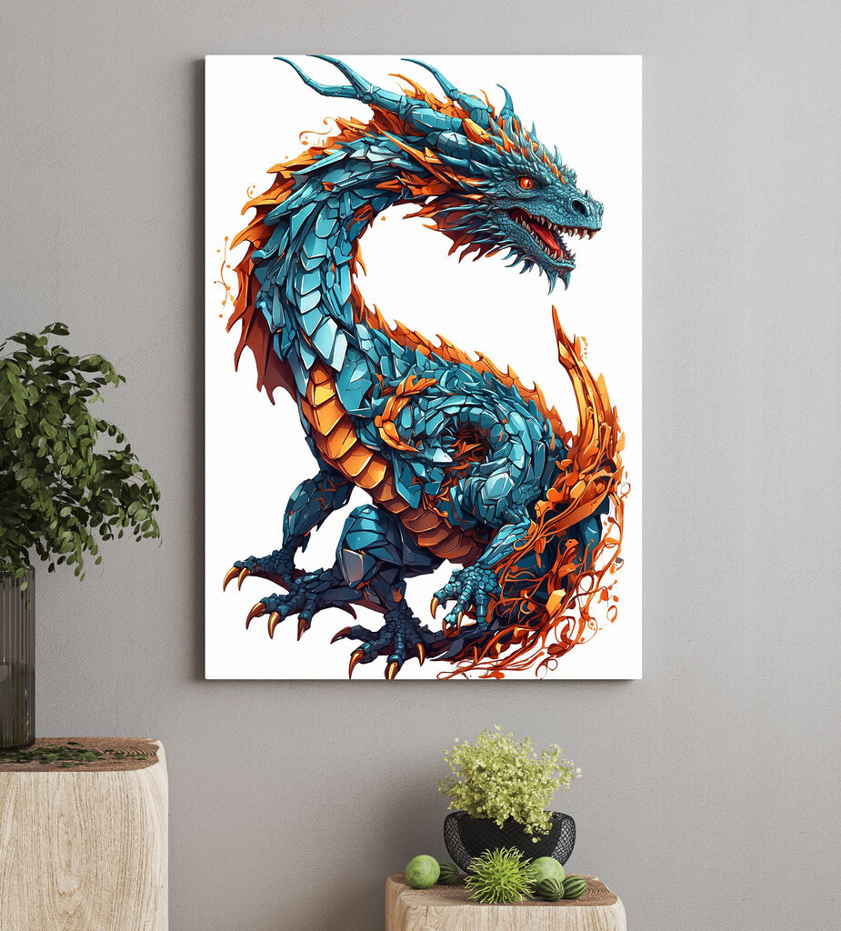 Draak in blauw-oranje schubben — interieur 3