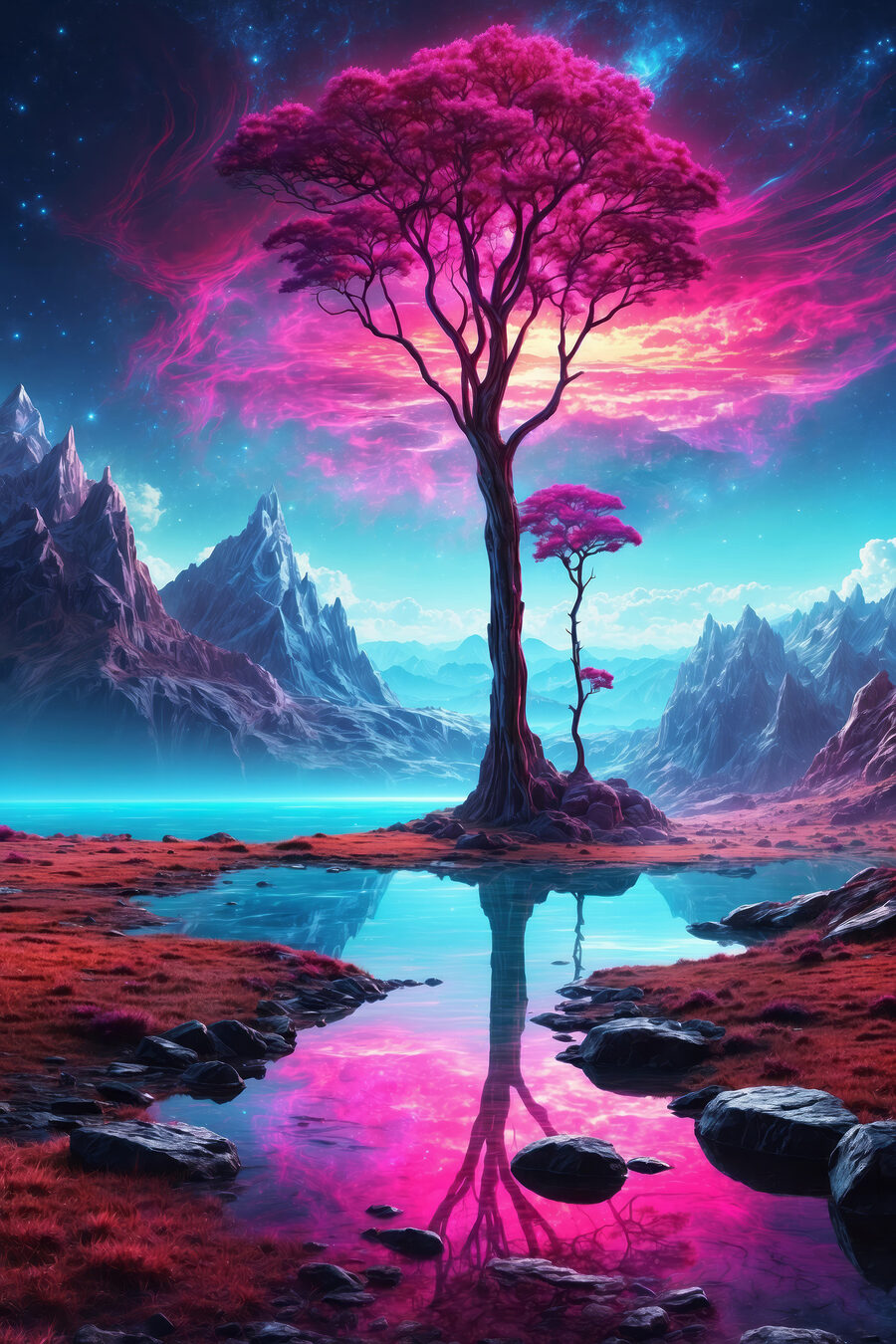 Roze boom aan spiegelwater — volledig ontwerp