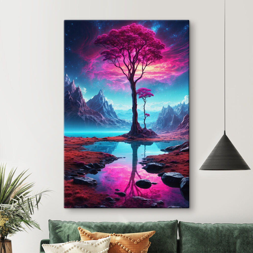 Roze boom aan spiegelwater — interieur 1