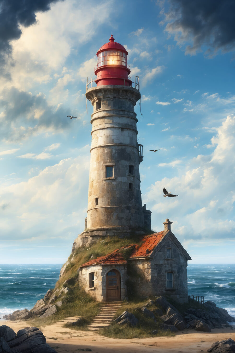 Vuurtoren boven blauwe golven — volledig ontwerp