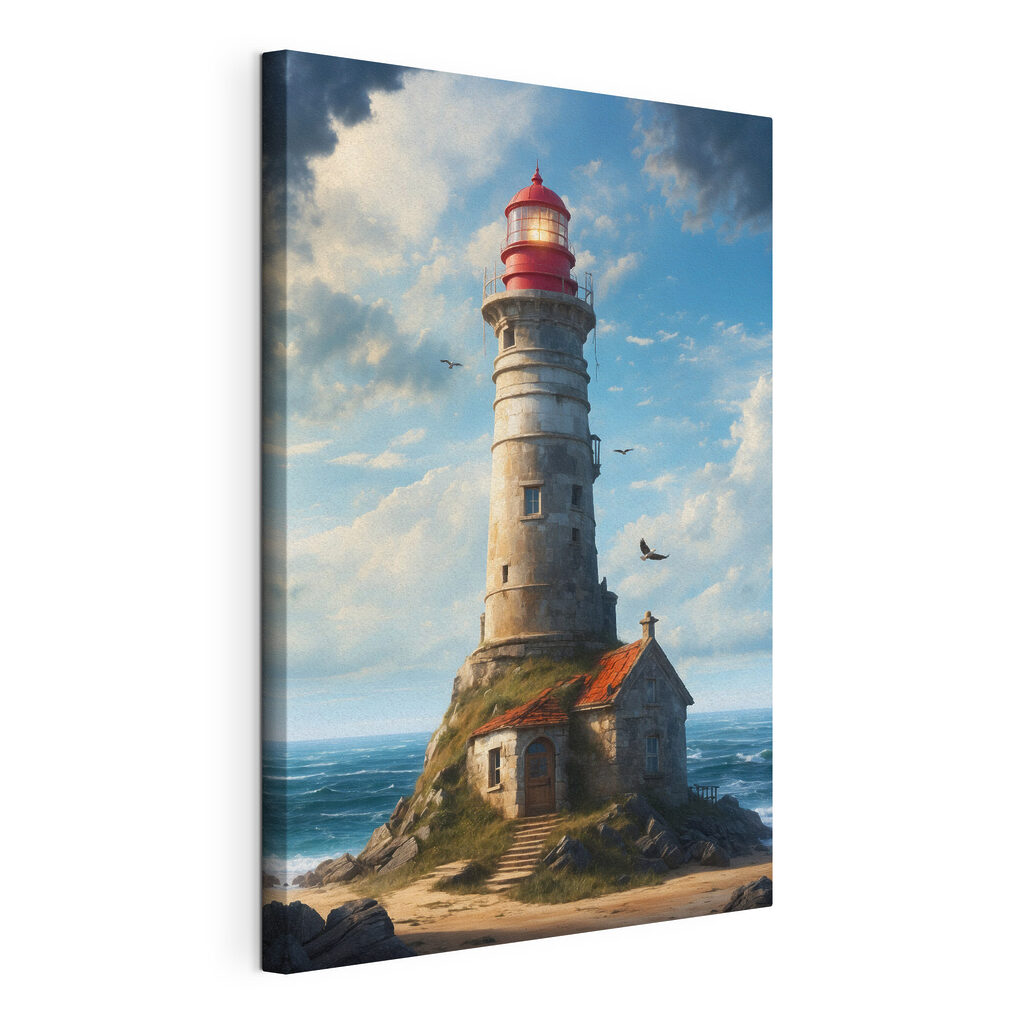 Vuurtoren boven blauwe golven, gespannen canvas met doorlopende rand