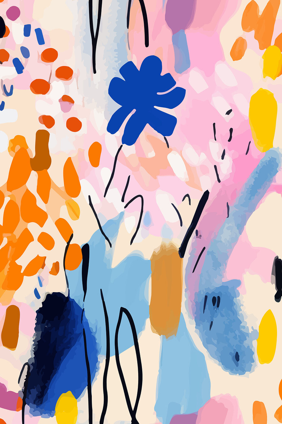 Een kleurrijk schilderij van bloemen en bladeren — volledig ontwerp
