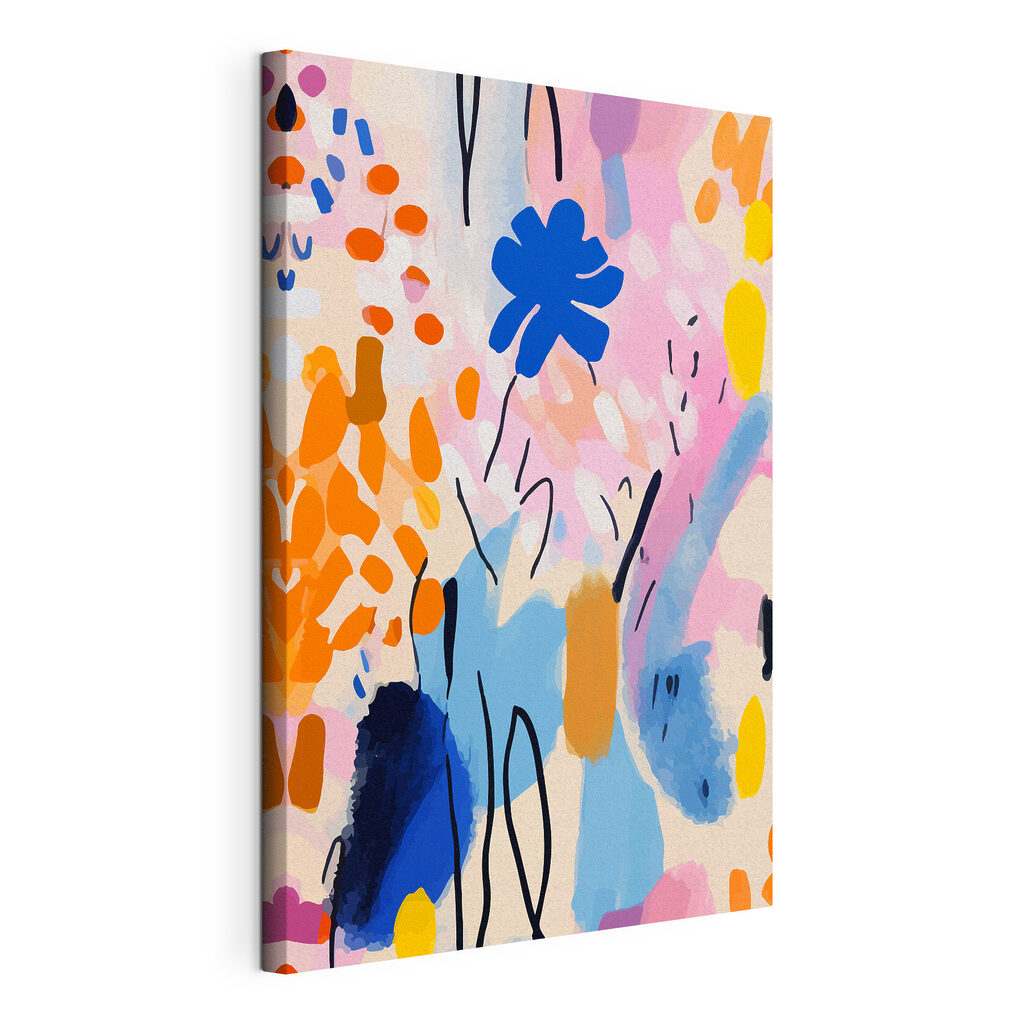 Een kleurrijk schilderij van bloemen en bladeren, gespannen canvas met doorlopende rand