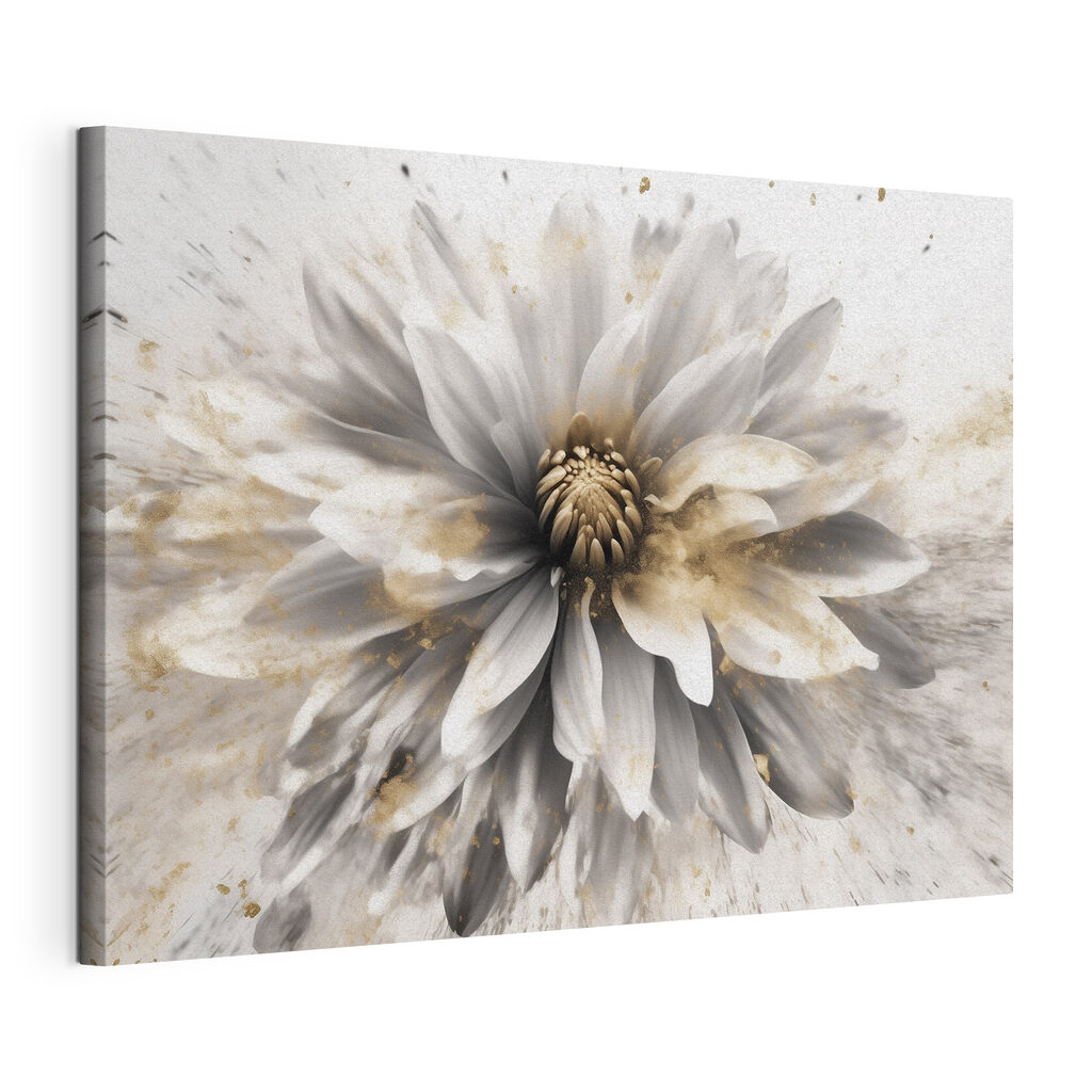 Een witte bloem straalt, gespannen canvas met doorlopende rand
