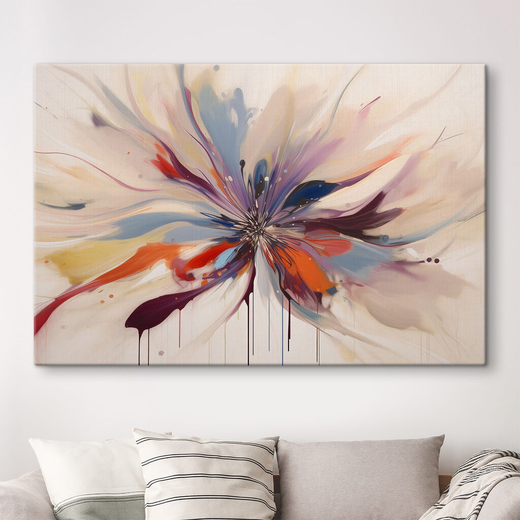 Een kleurrijke bloem met een uitbarsting van verf in een interieur