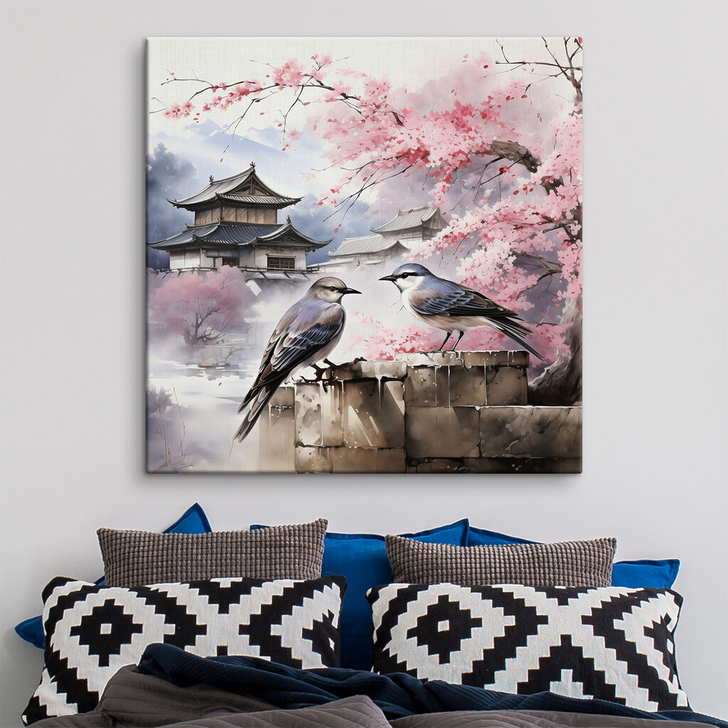 Bloesems en vogels in serene harmonie in een interieur