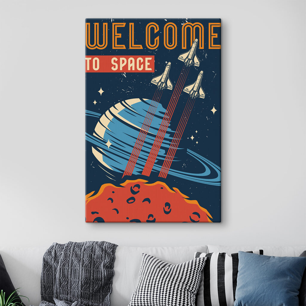 Een poster met vliegende spaceshuttles in de lucht in een interieur