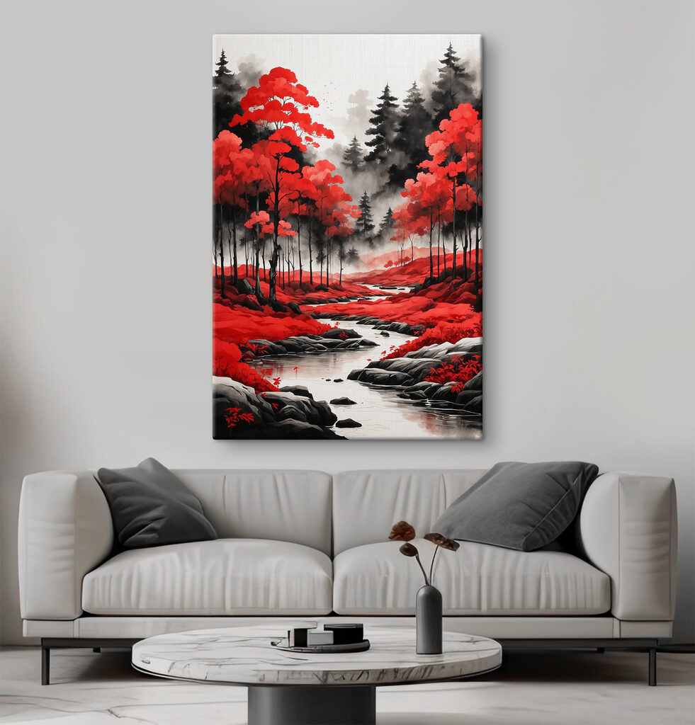 Rode bomen langs water — interieur 1