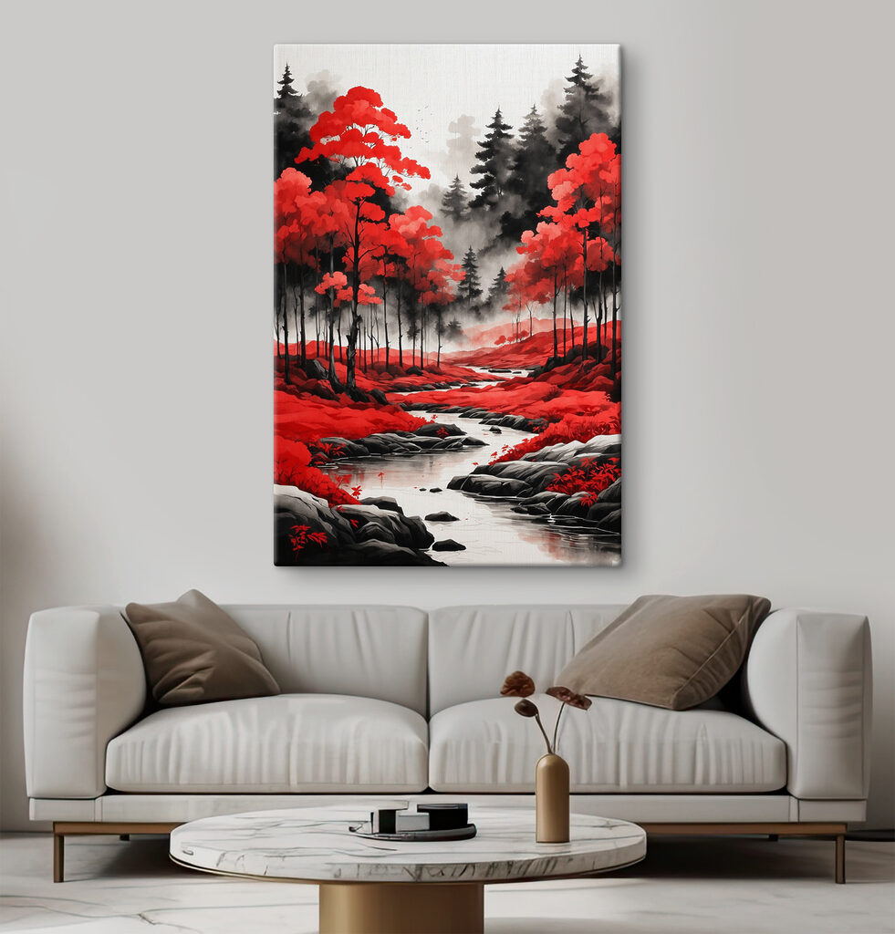 Rode bomen langs water — interieur 3