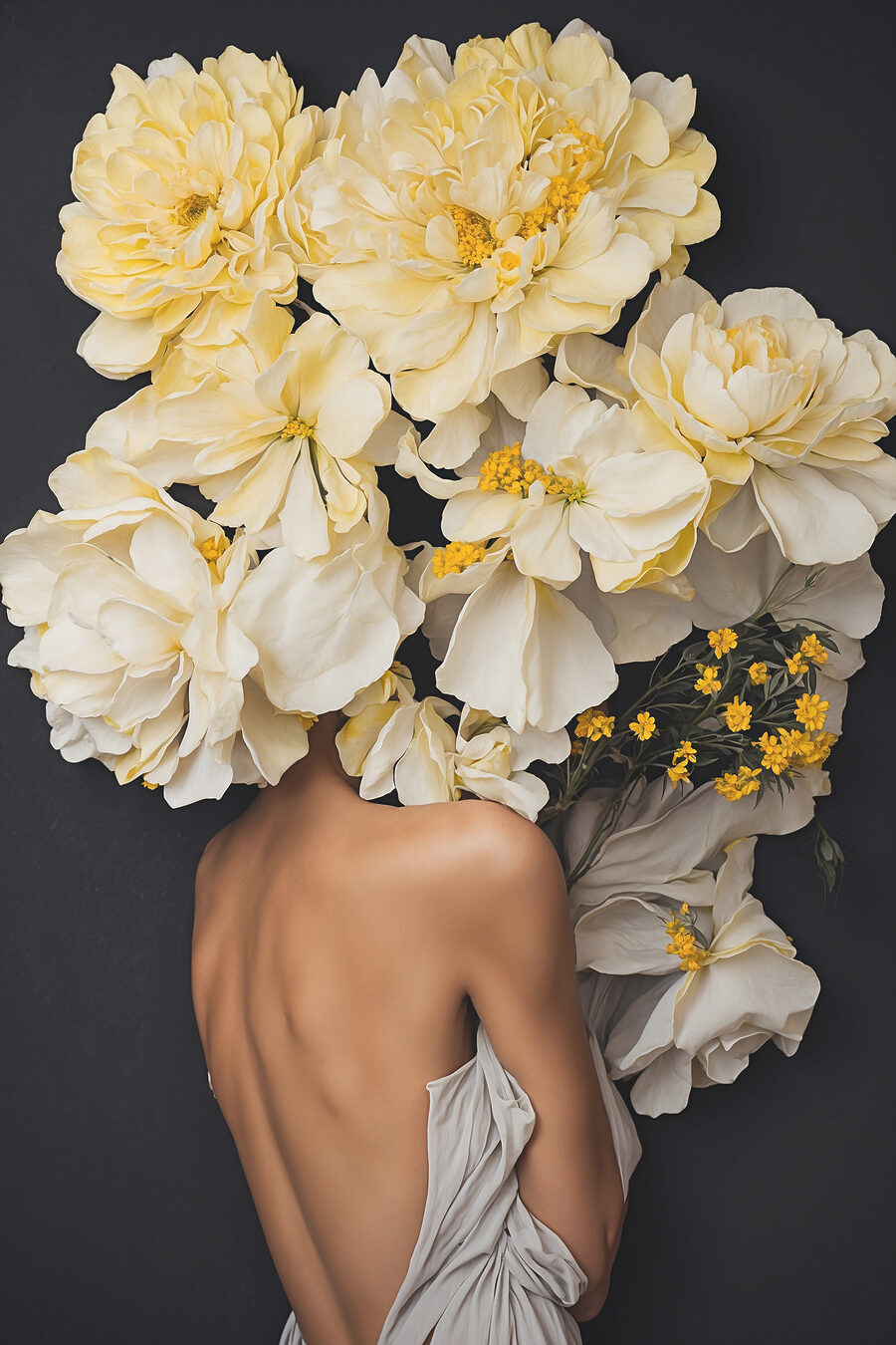 Bloemen langs haar schouders — volledig ontwerp