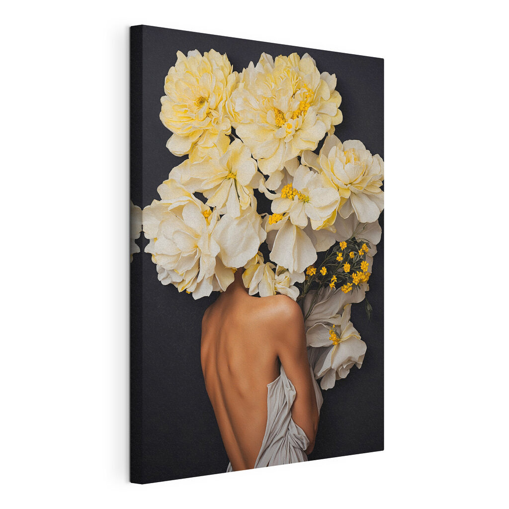 Bloemen langs haar schouders, gespannen canvas met doorlopende rand