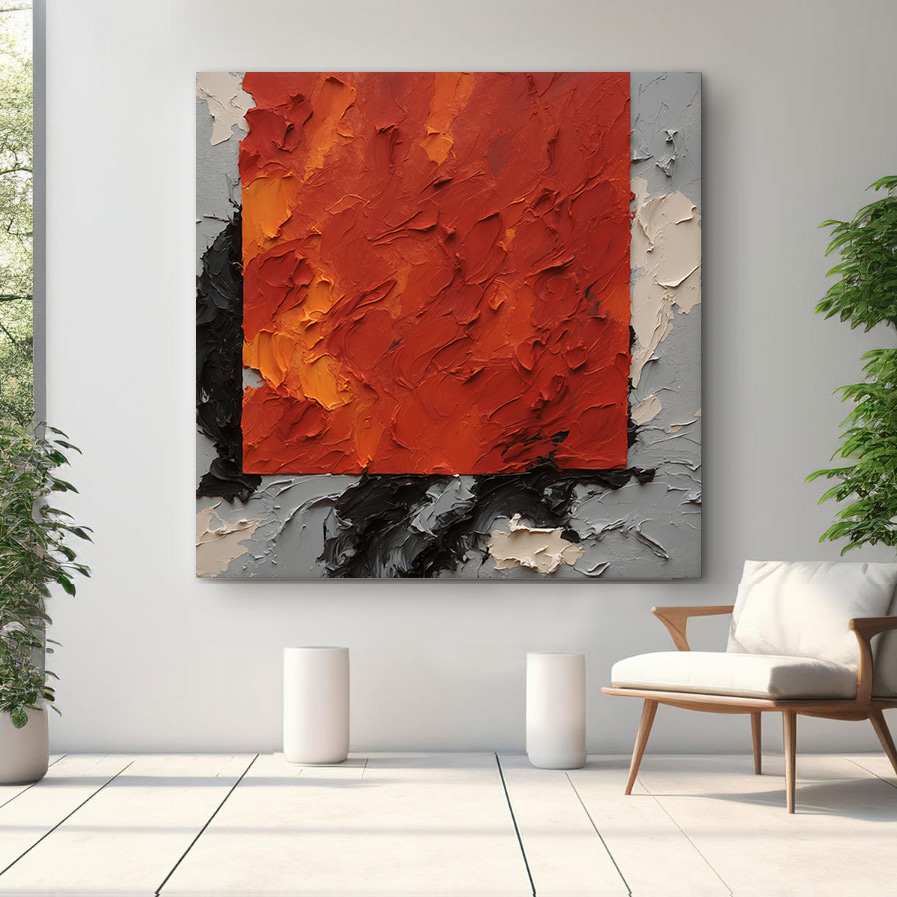 Een schilderij van een rood vierkant met zwarte en witte verf in een interieur