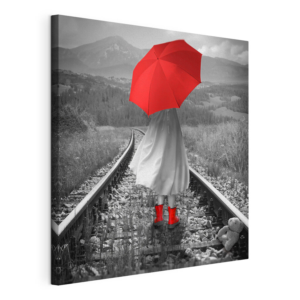 Rode paraplu op spoor, gespannen canvas met doorlopende rand