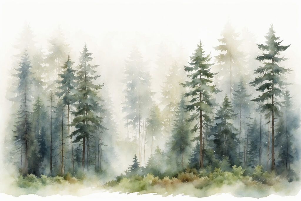 Naaldbomen in groene nevel — volledig ontwerp