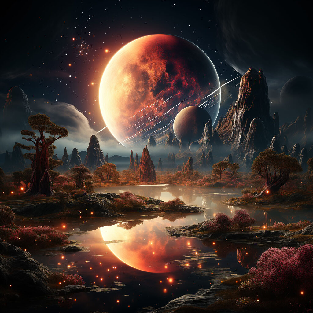 Een planeet boven spiegelwater — volledig ontwerp