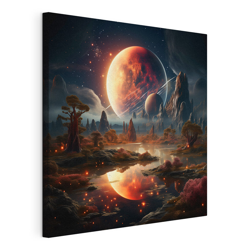 Een planeet boven spiegelwater, gespannen canvas met doorlopende rand