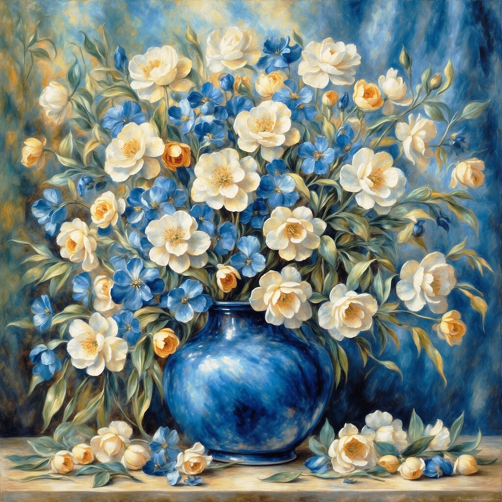 Bloemen in blauwe vaas — volledig ontwerp
