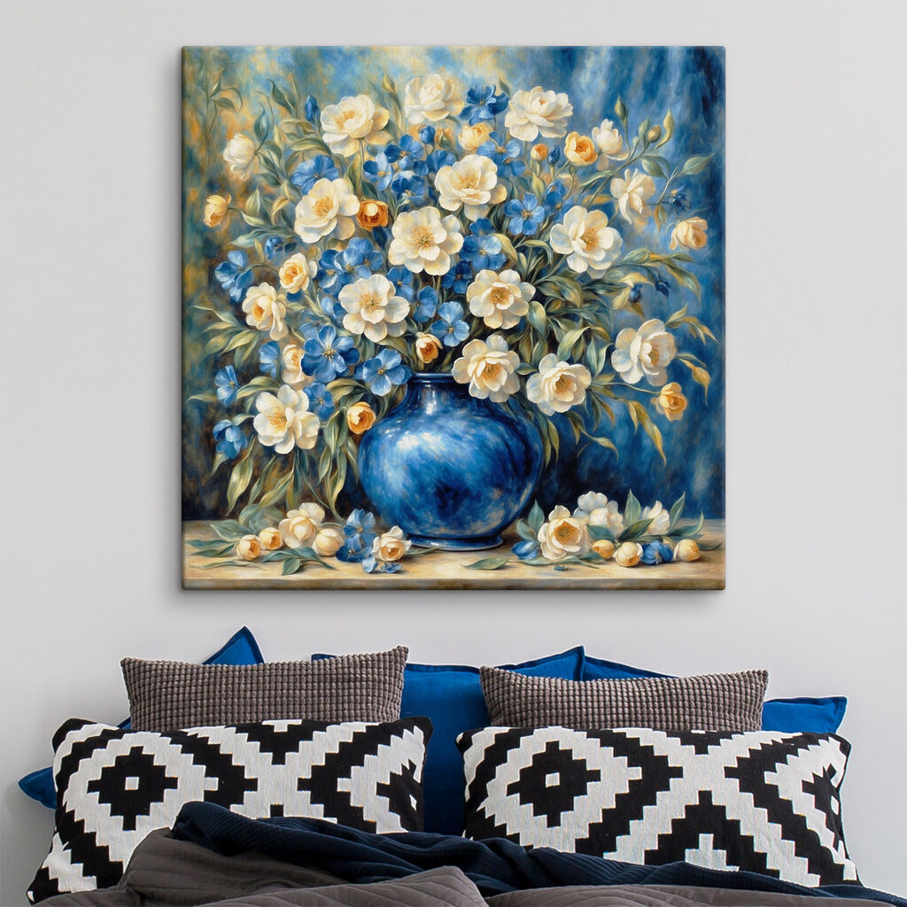Bloemen in blauwe vaas — interieur 2