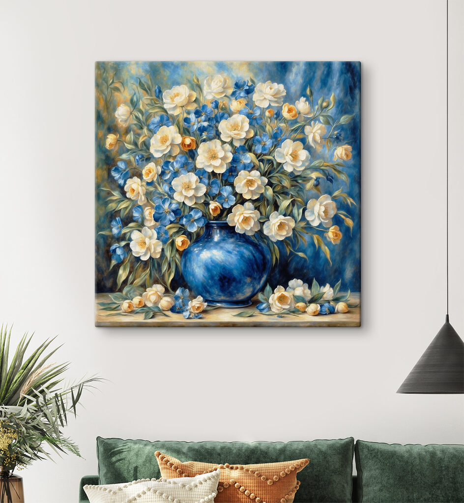 Bloemen in blauwe vaas — interieur 3