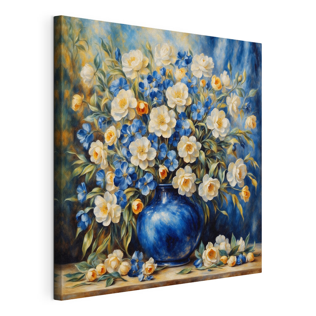 Bloemen in blauwe vaas, gespannen canvas met doorlopende rand