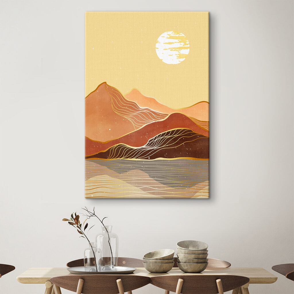 Zon boven oranje berglijnen — interieur 1