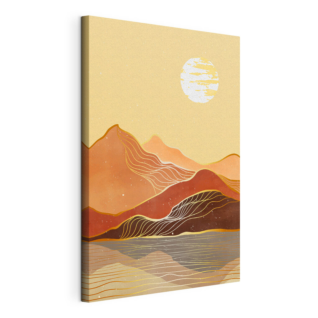 Zon boven oranje berglijnen, gespannen canvas met doorlopende rand
