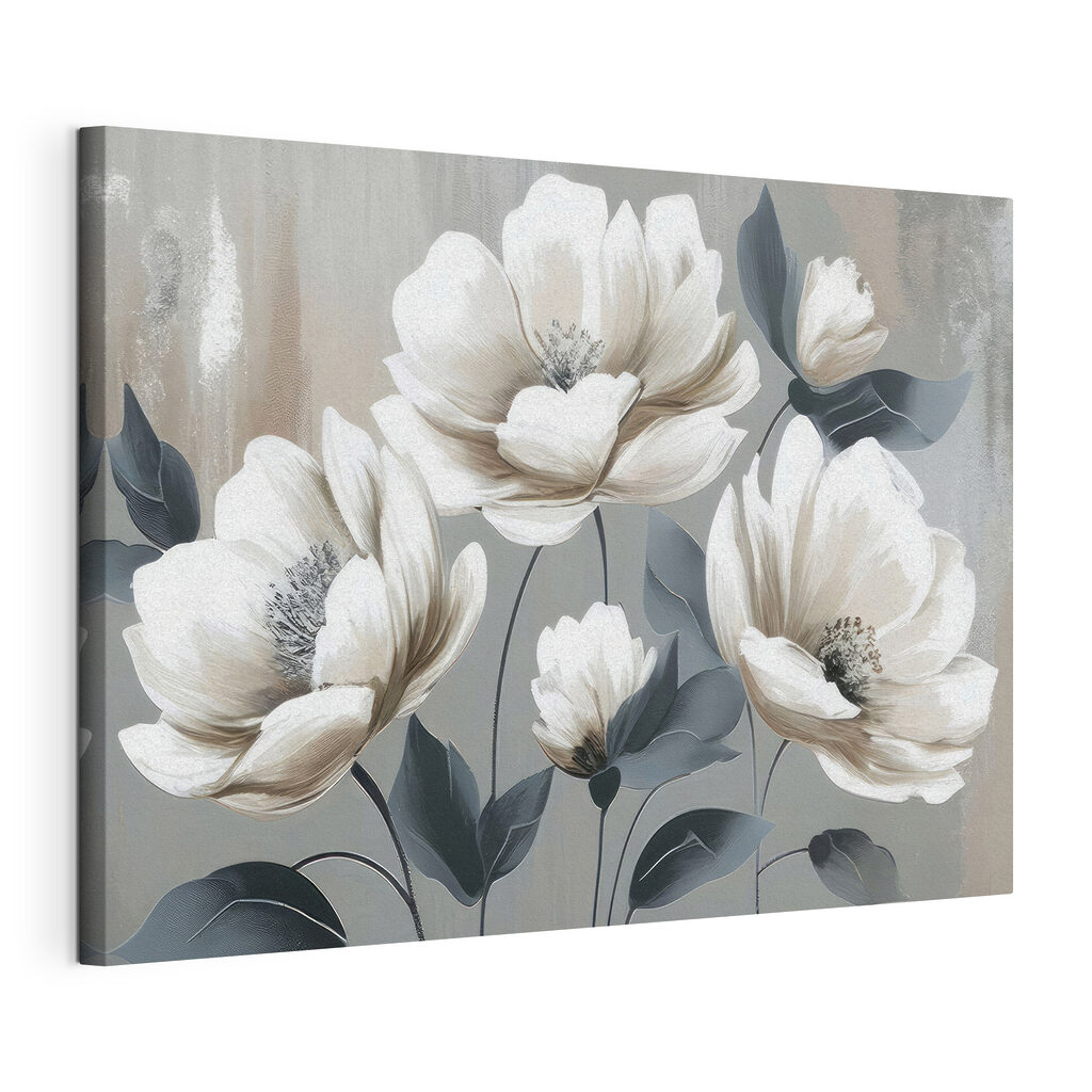 Witte bloemen, donkere bladeren, gespannen canvas met doorlopende rand