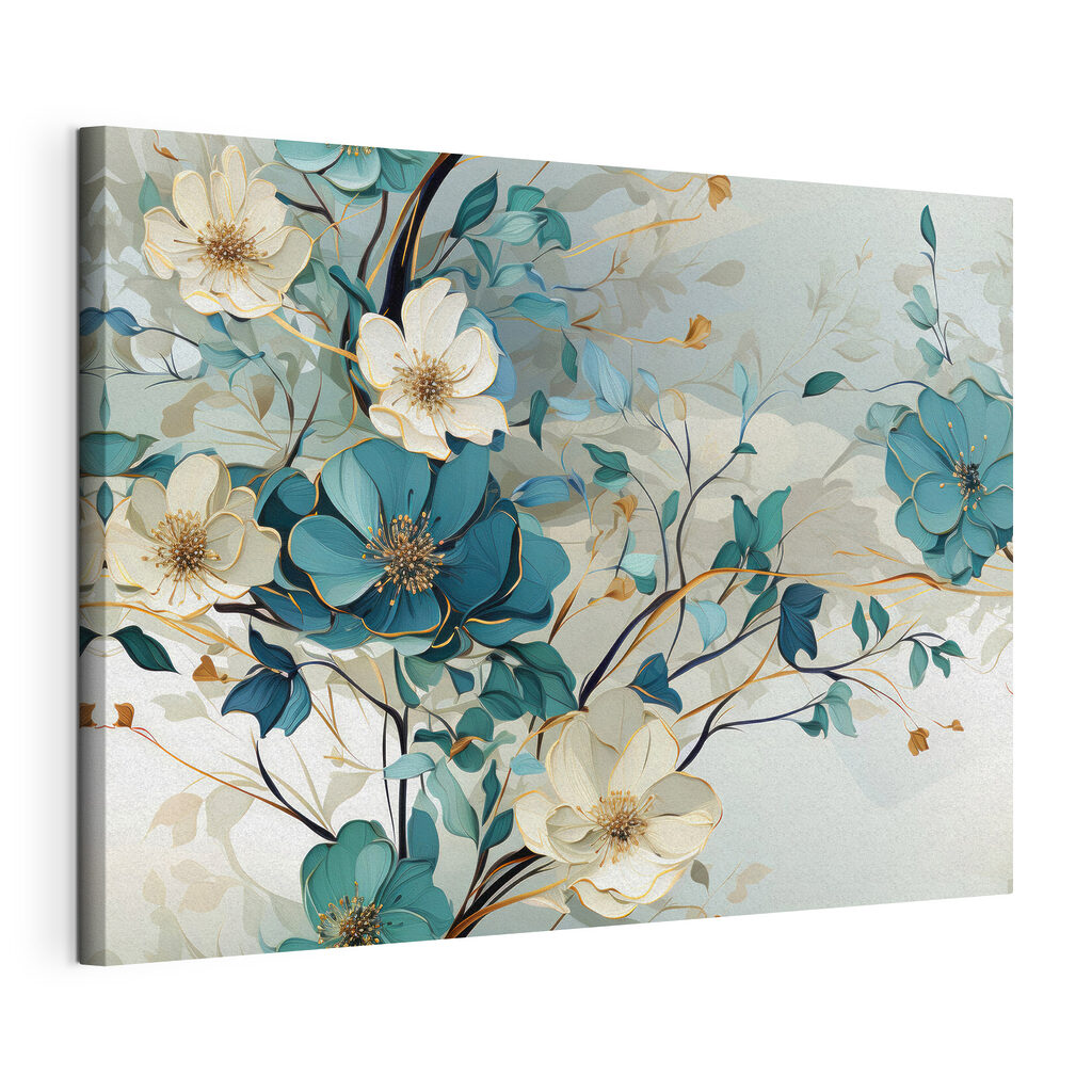 Blauw en wit verweven, gespannen canvas met doorlopende rand