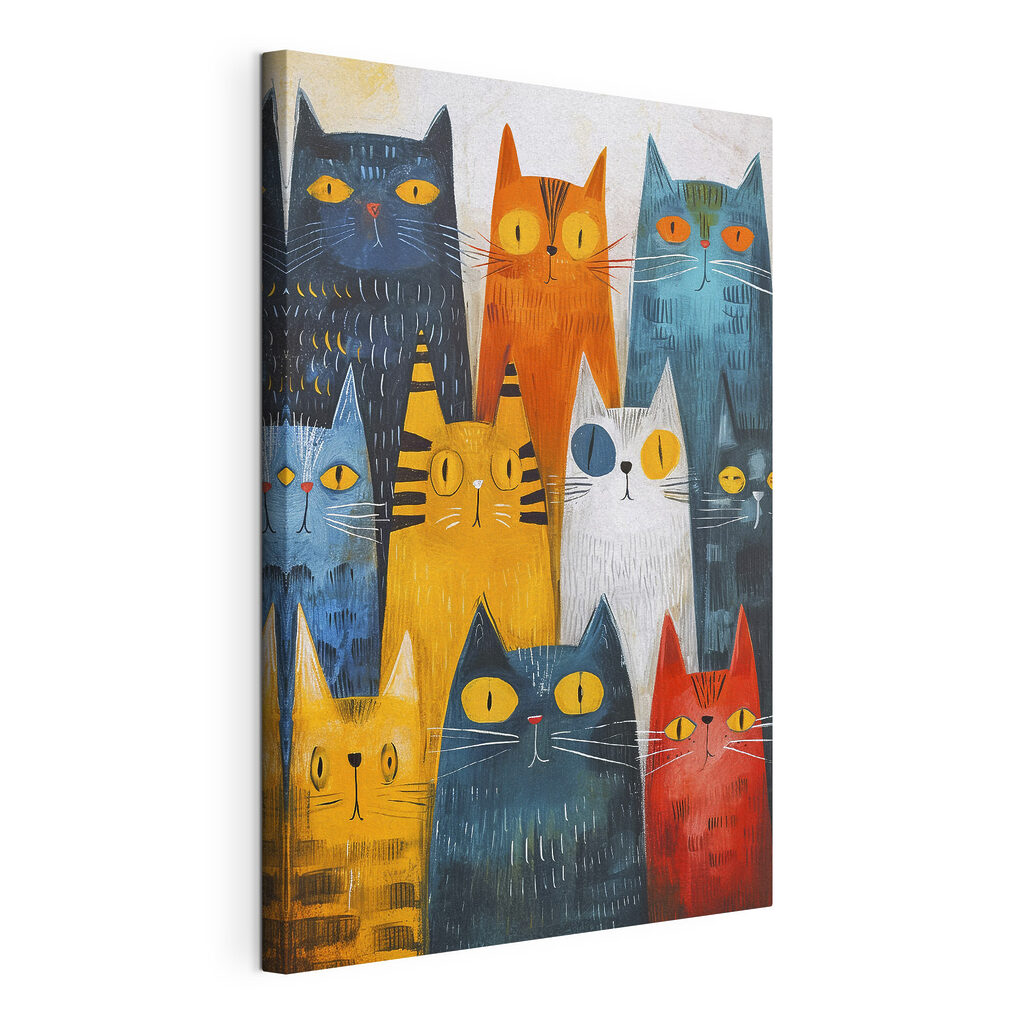 Een groep katten met verschillende kleuren, gespannen canvas met doorlopende rand