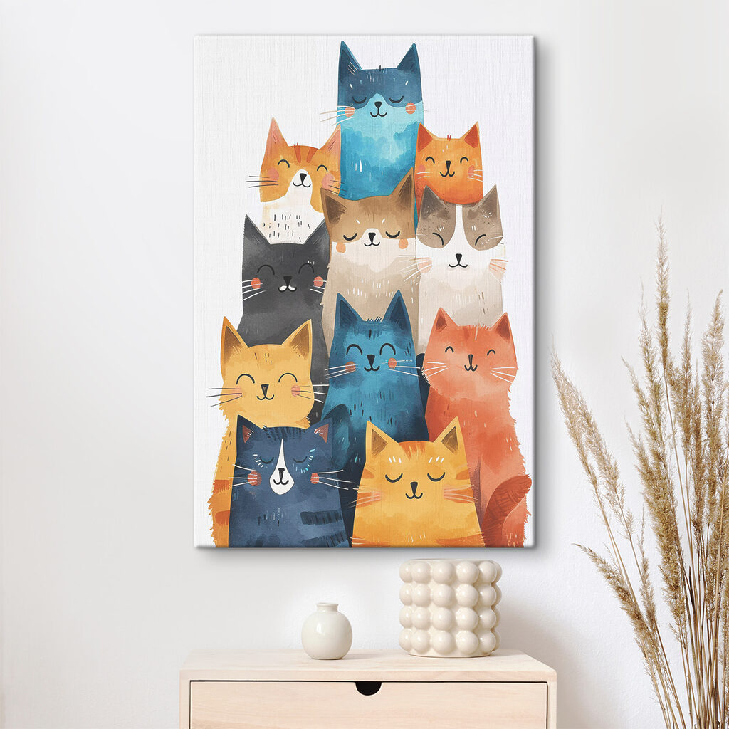 Een groep katten met verschillende kleuren in een interieur