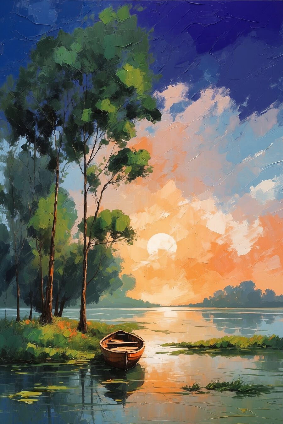 Bootje onder geschilderde bomen — volledig ontwerp