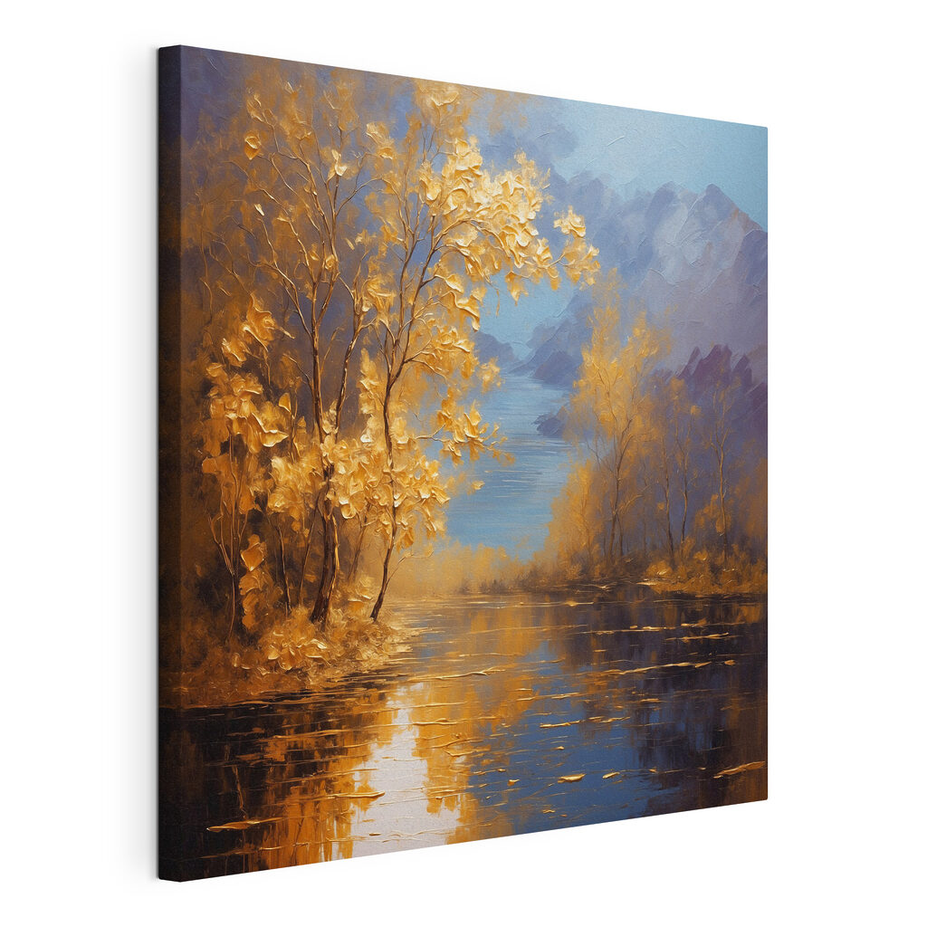 Herfstgoud langs stil water, gespannen canvas met doorlopende rand