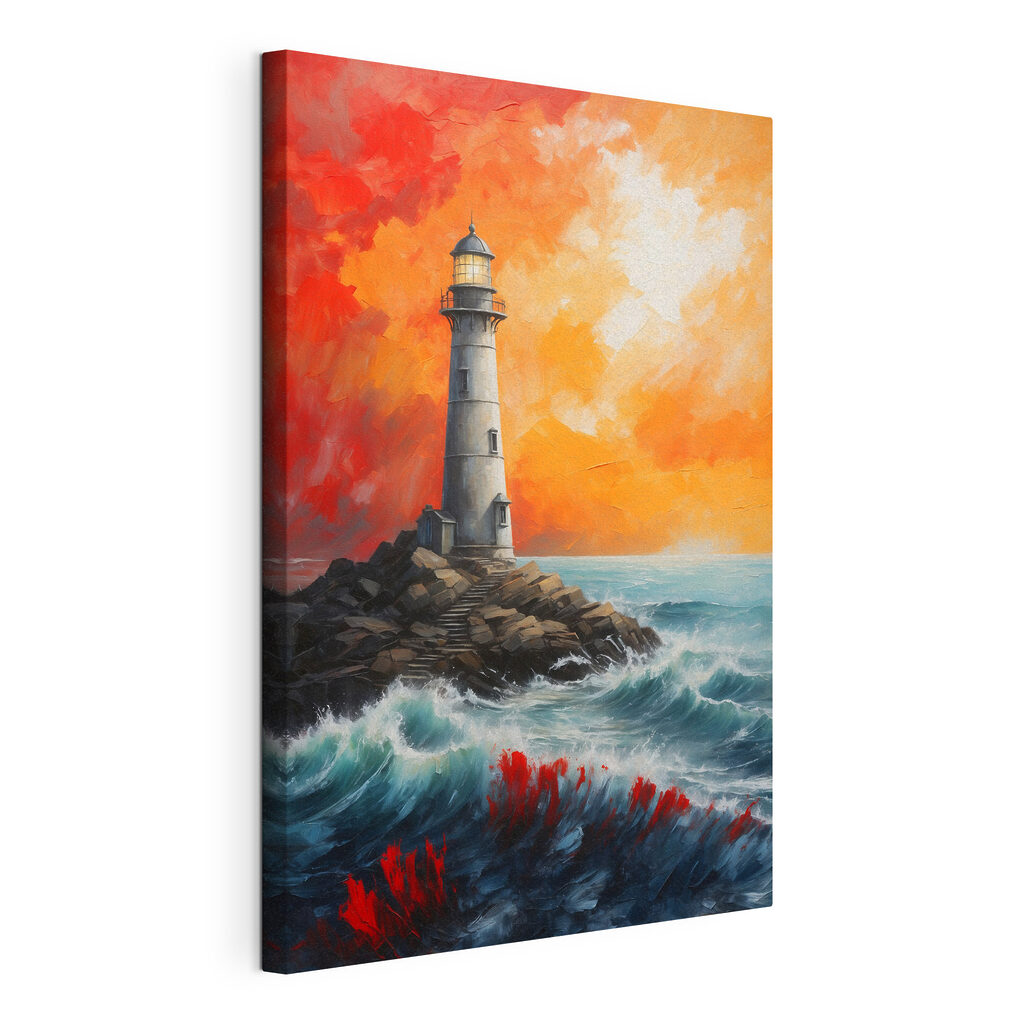 Vuurtoren onder oranjerode wolken, gespannen canvas met doorlopende rand