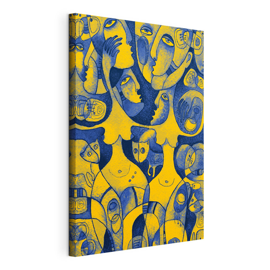 Een gesprek in blauwgeel, gespannen canvas met doorlopende rand