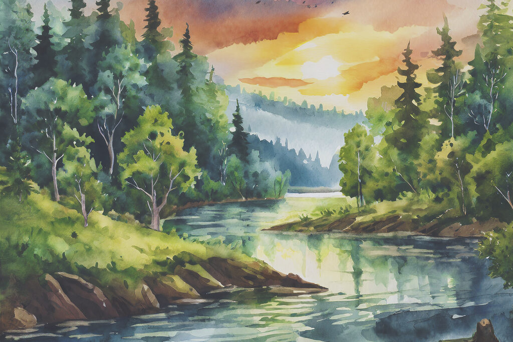 Een rivier vangt avondlicht — volledig ontwerp