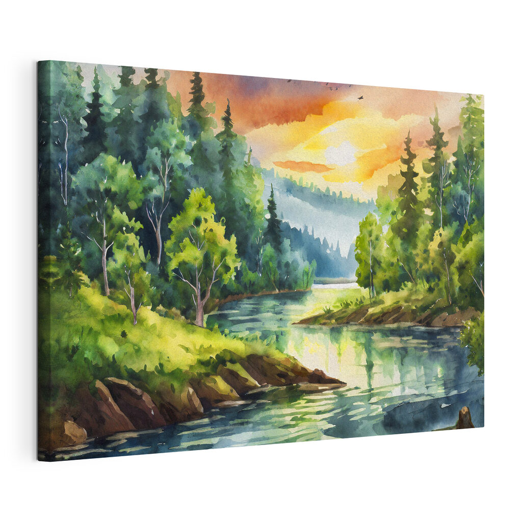 Een rivier vangt avondlicht, gespannen canvas met doorlopende rand