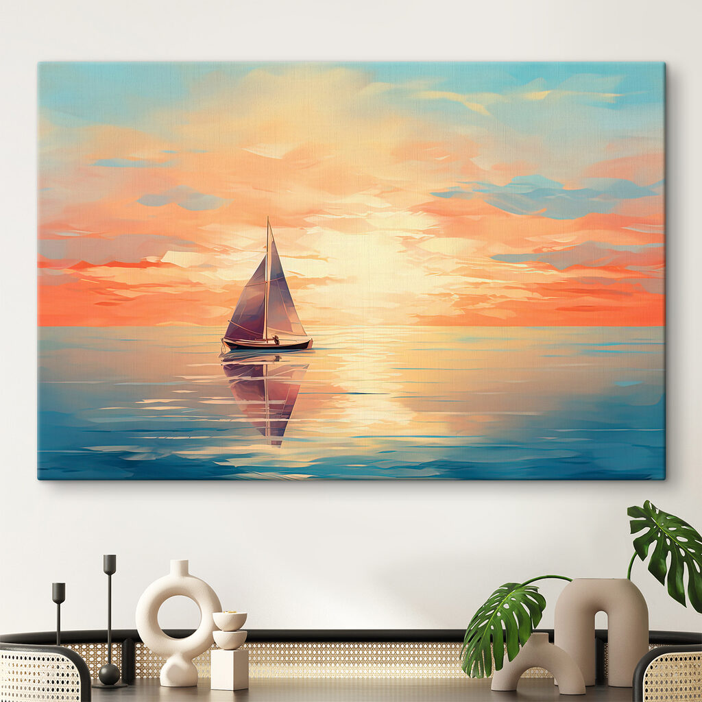 Een zeilboot op het water in een interieur