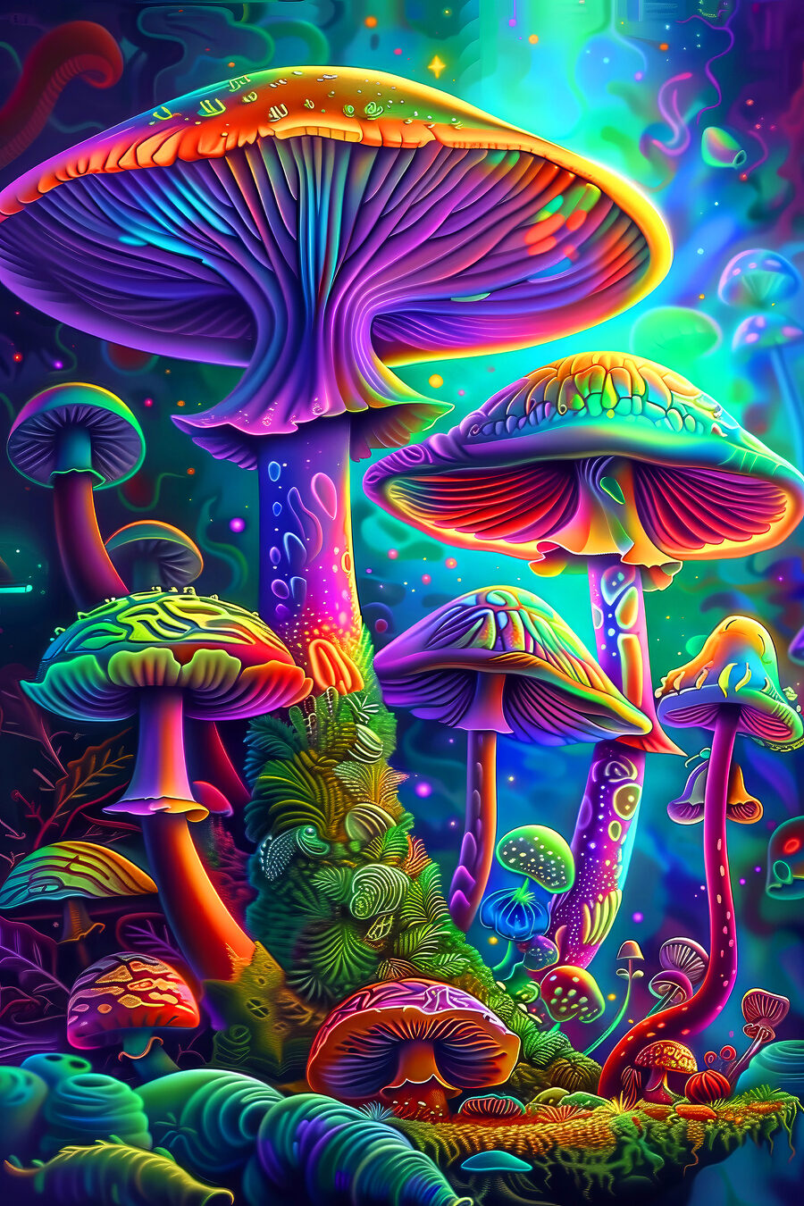 Paddenstoelen onder een sterrenhemel — volledig ontwerp