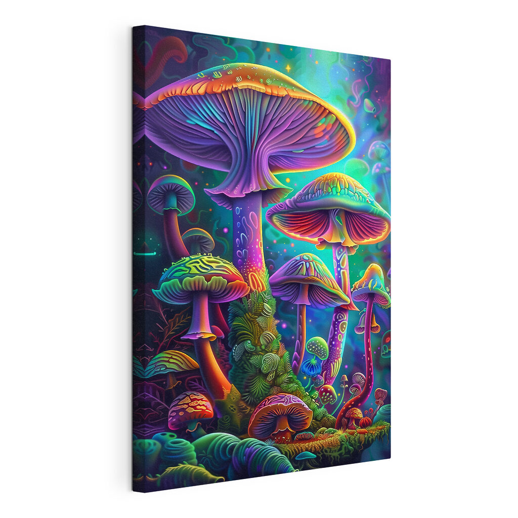 Paddenstoelen onder een sterrenhemel, gespannen canvas met doorlopende rand
