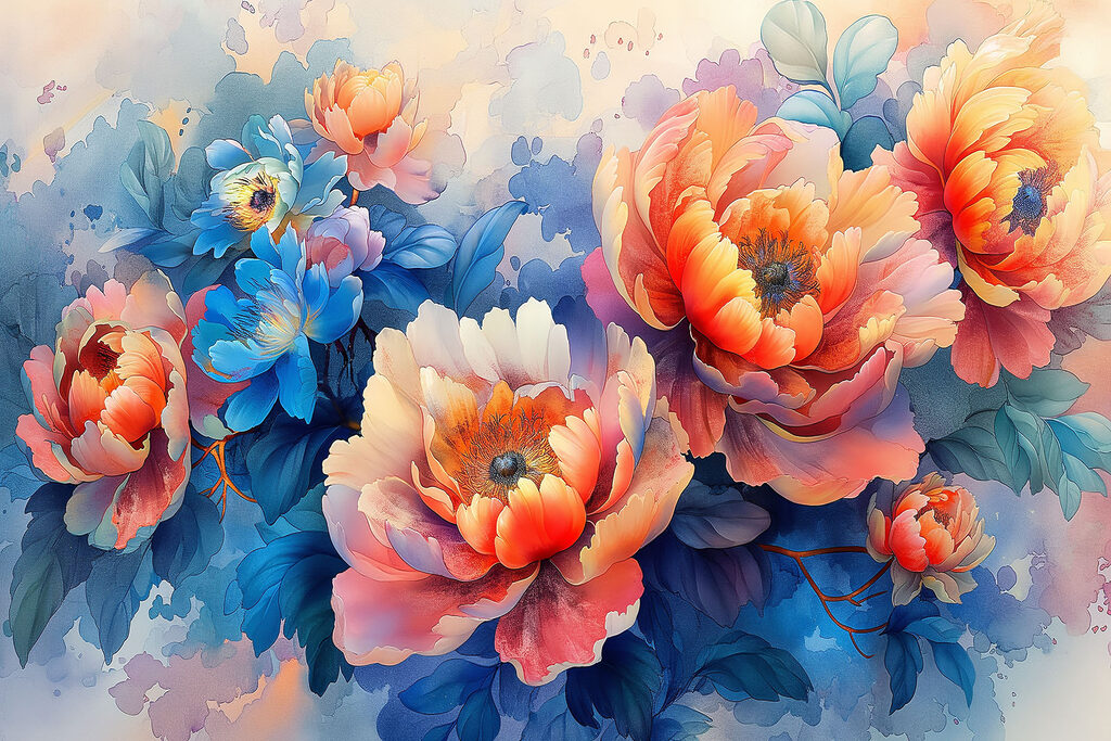 Oranje bloemen tussen blauw — volledig ontwerp