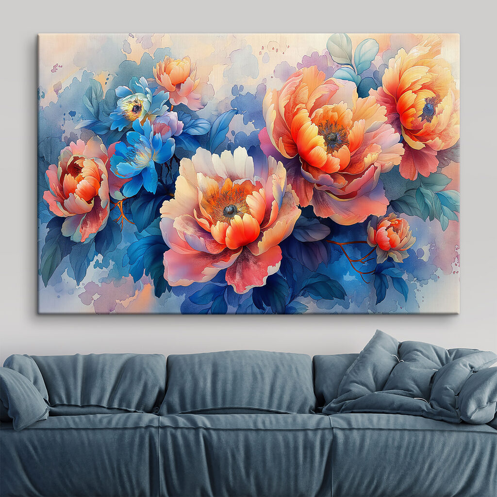 Oranje bloemen tussen blauw — interieur 2