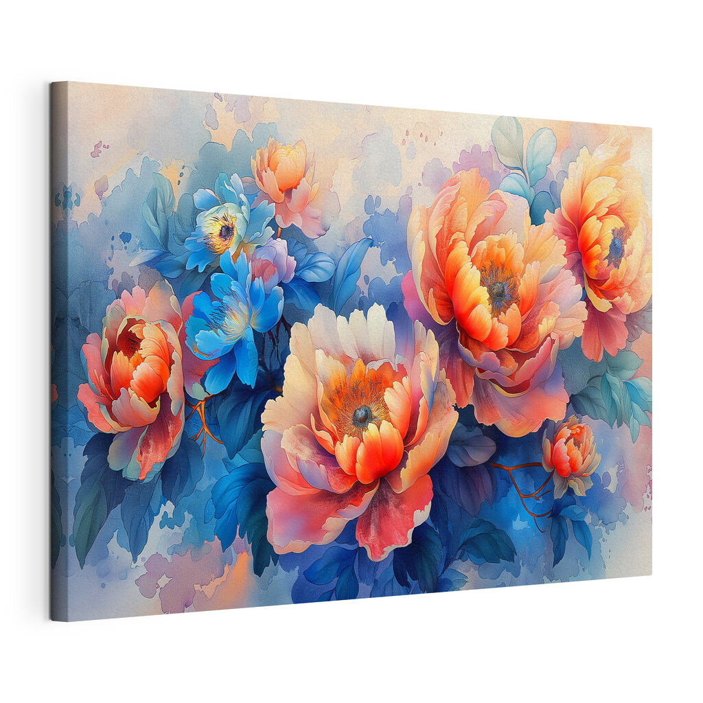 Oranje bloemen tussen blauw, gespannen canvas met doorlopende rand