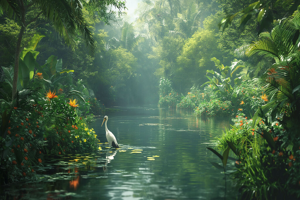 Een reiger in junglegroen — volledig ontwerp