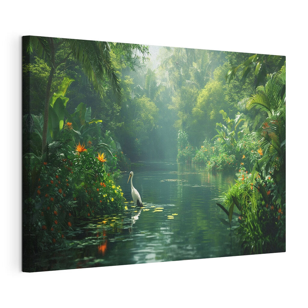 Een reiger in junglegroen, gespannen canvas met doorlopende rand