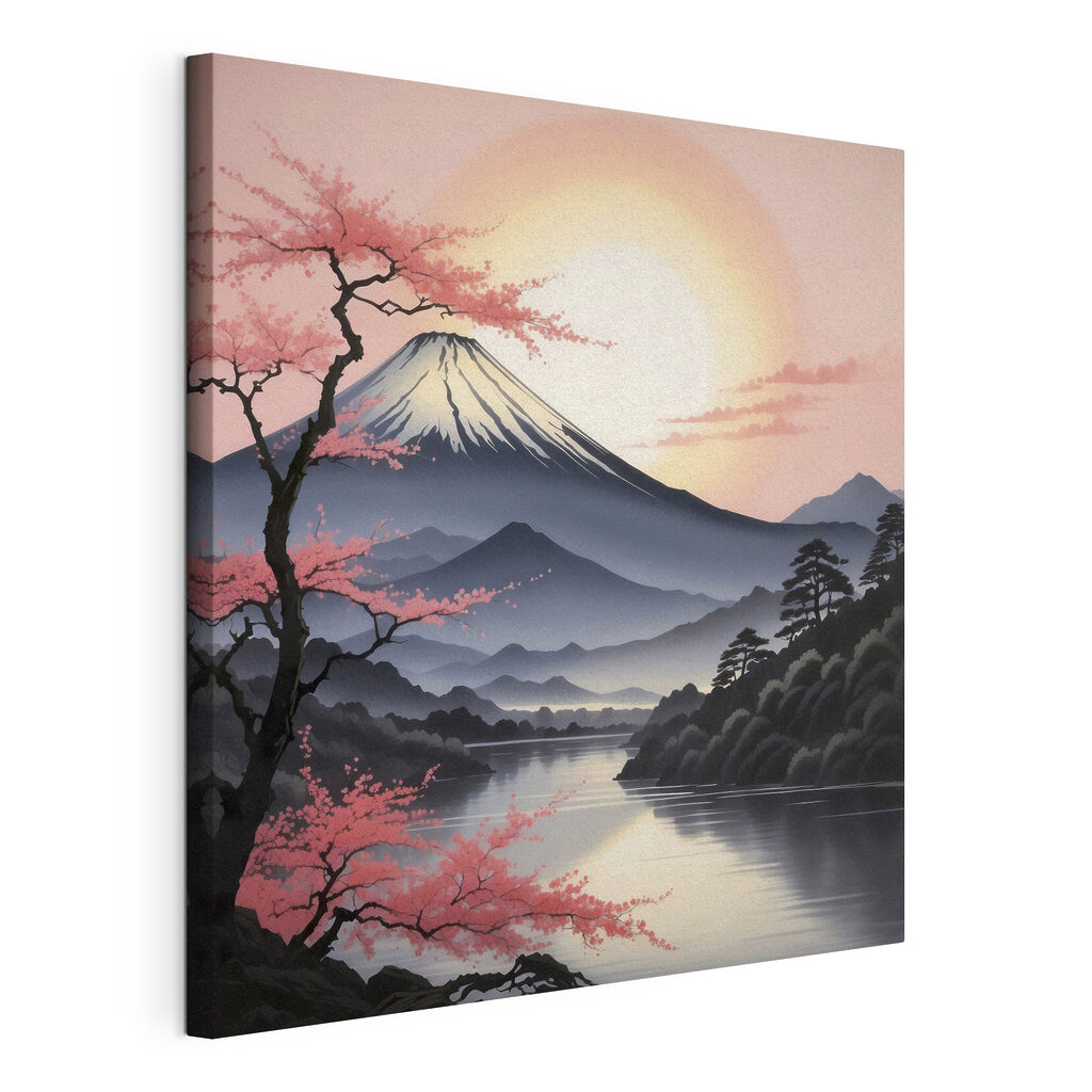 Berg onder roze hemel, gespannen canvas met doorlopende rand