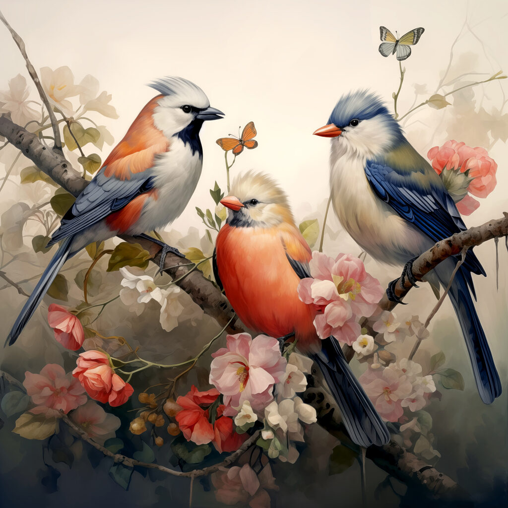 Drie vogels tussen lentebloei — volledig ontwerp